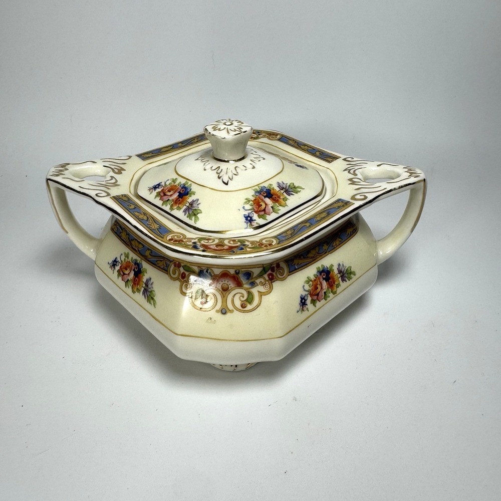 Vtg WH Grindley Sheraton Ivory England Lidded Floral Sugar Bowl 1920s Victorian